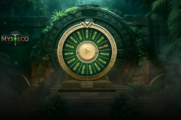 Tampilan fitur roda keberuntungan dari permainan "MYSTECO" yang diposisikan di depan portal atau gerbang lingkaran batu besar bergaya Aztec kuno yang ditumbuhi tanaman hutan