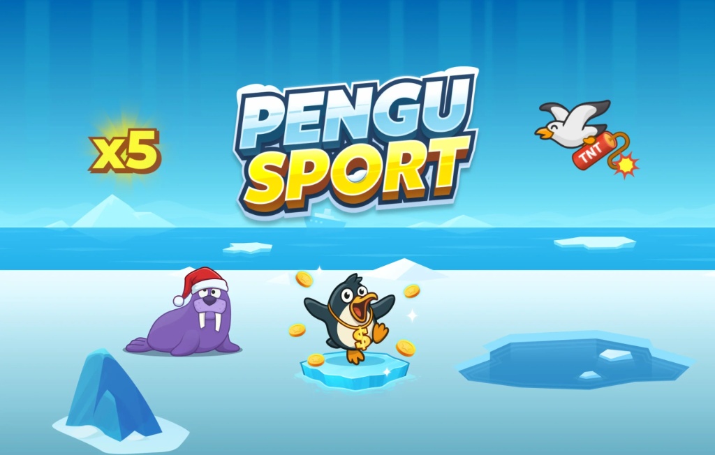 Layar permainan 'Pengu Sport' berlatar kutub es, menampilkan penguin yang dikelilingi koin emas, anjing laut bertopi Sinterklas, dan burung camar membawa dinamit TNT.