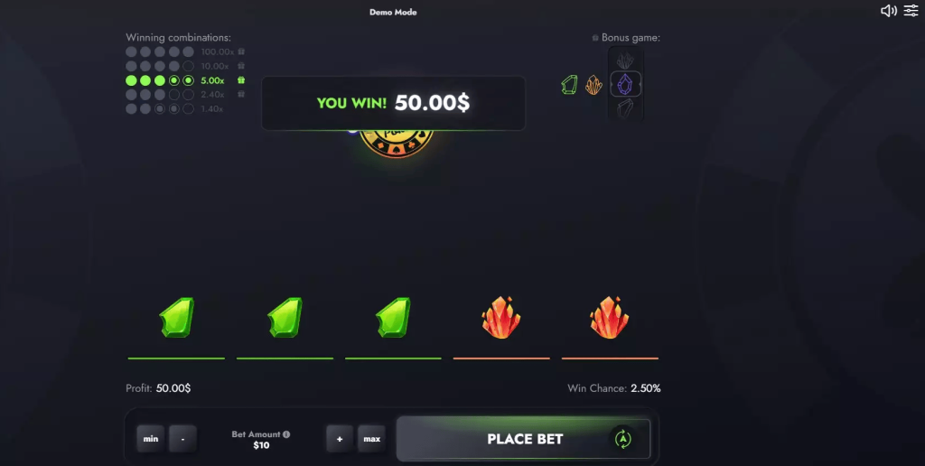 Tampilan layar kemenangan permainan judi online yang menunjukkan pesan 'YOU WIN! 50.00$' dengan kombinasi tiga kristal hijau dan dua kristal merah.