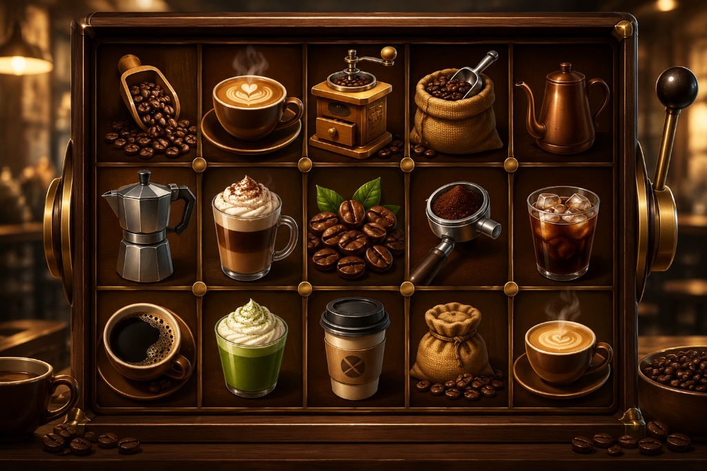 Tampilan antarmuka permainan mesin slot bertema kafe kopi dengan kisi 5x3 yang menampilkan berbagai simbol seperti cangkir kopi, biji kopi, penggiling manual, latte art, dan teko kopi dalam bingkai kayu klasik.