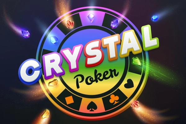 Logo permainan 'Crystal Poker' berbentuk koin warna-warni yang dikelilingi batu permata berkilau dan simbol kartu.
