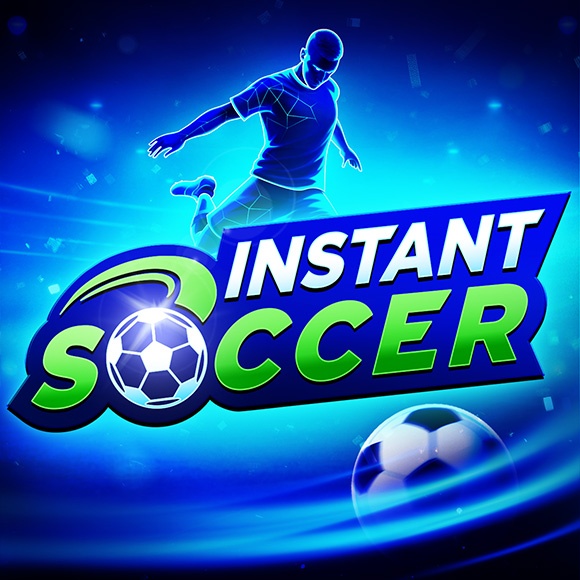 Logo permainan 'Instant Soccer' dengan siluet pemain sepak bola bercahaya biru, teks berwarna hijau dan putih, serta bola sepak yang menyala.