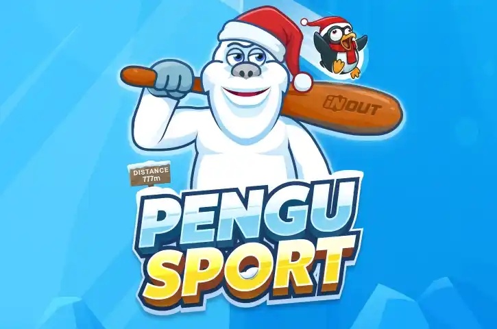 Logo permainan 'Pengu Sport' menampilkan karakter yeti putih bertopi Sinterklas memegang pemukul kayu bersama seekor penguin terbang dengan latar belakang biru.