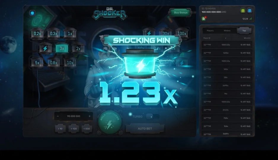 "Tampilan permainan slot online 'Dr. Shocker' yang menunjukkan kemenangan 'Shocking Win' sebesar 1.23x dengan efek petir berkilau."
