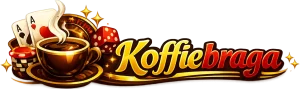Logo bergaya mewah dengan teks _Koffiebraga_ berwarna kuning emas dan merah