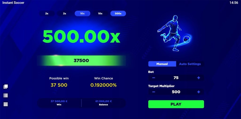 Tampilan permainan 'Instant Soccer' yang menunjukkan target kemenangan 500.00x dengan siluet pemain sepak bola bercahaya biru.